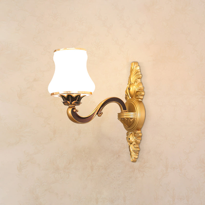 Rynx | Wall Lighting Wall Lamp Classic Engraved Arm Metal Wall Mount Light with White Glass Shade