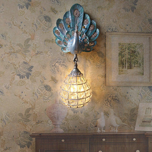 Rynx | 1 Light Wall Mount Light with Peacock Decoration Resin Vintage Bedroom Wall Lamp in Green/Silver/Blue