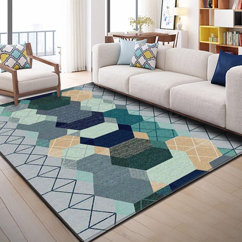 Rynx | Modern Living Room Rug Multi Color Geometric Print Area Carpet Synthetics Non-Slip Backing Easy Care Rug
