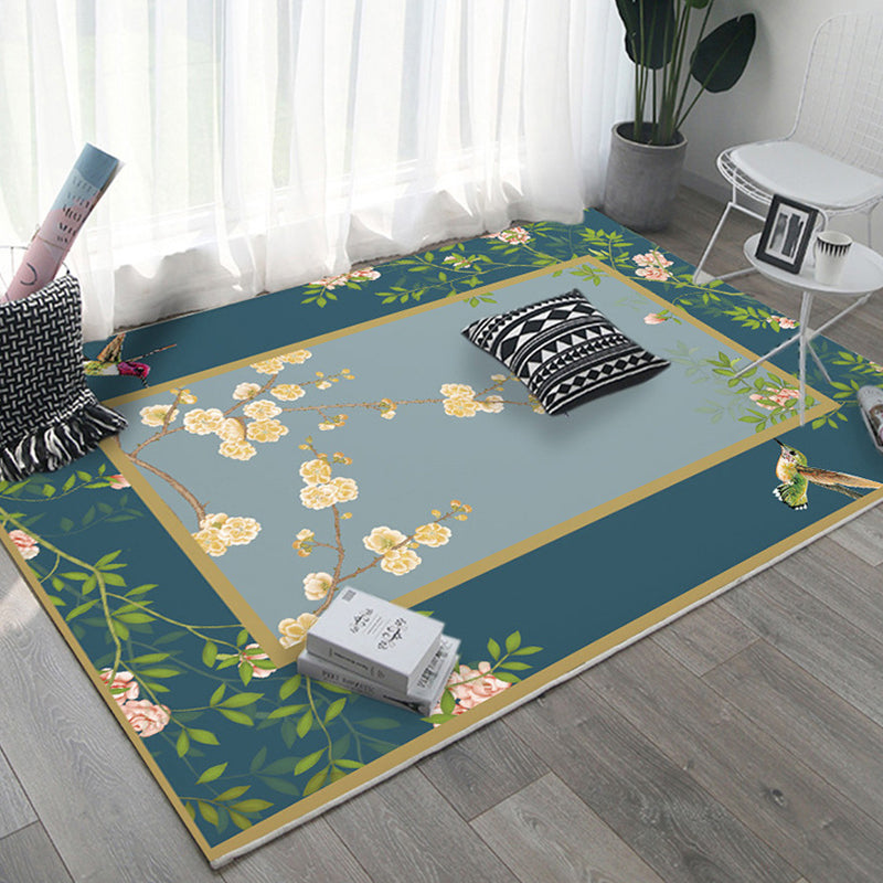 Rynx | Asian Bedroom Rug Multi Color Floral Printed Area Carpet Polyster Non-Slip Backing Pet Friendly Rug
