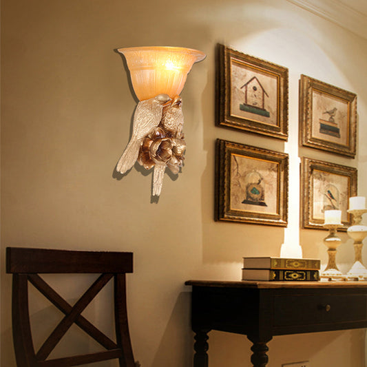 Rynx | Frosted Glass Flared Wall Light Fixture Antique 1 Light Hall Wall Lamp with Gold Bird Decoration