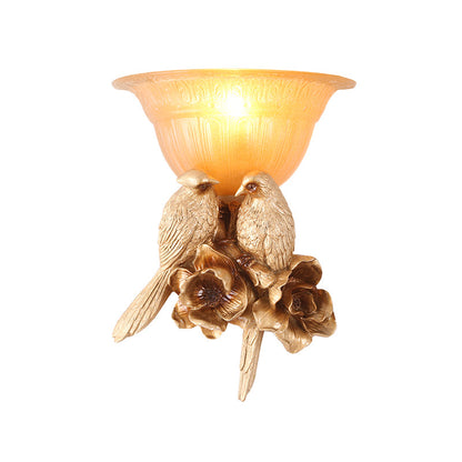 Rynx | Frosted Glass Flared Wall Light Fixture Antique 1 Light Hall Wall Lamp with Gold Bird Decoration