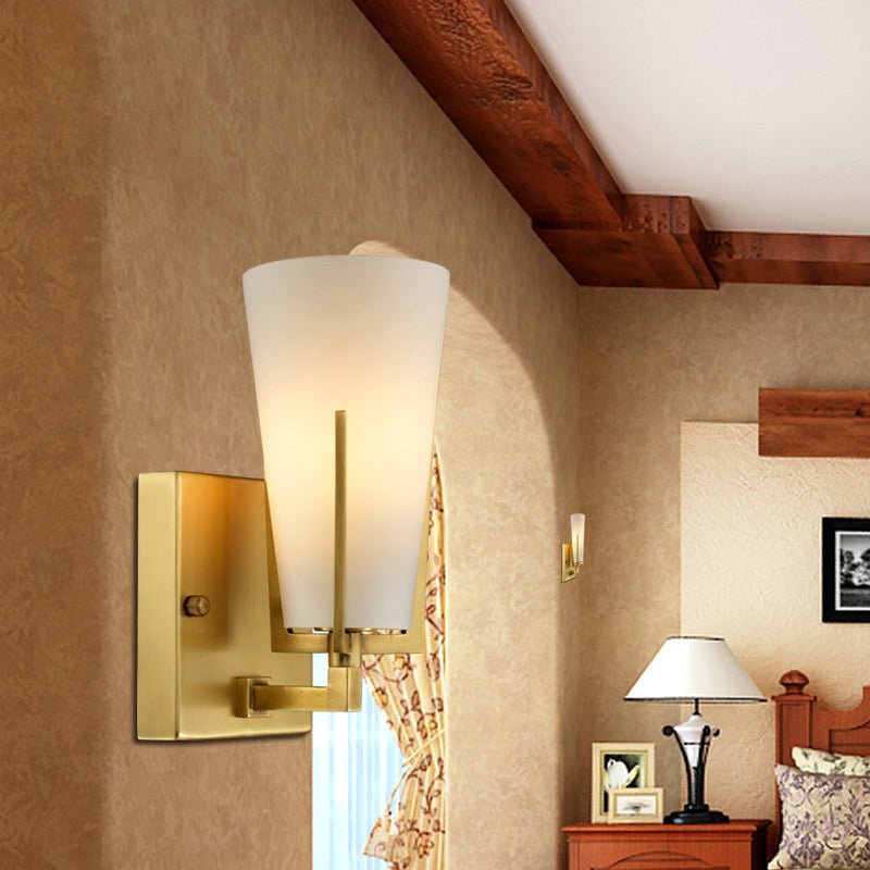 Rynx | 1-Light Cone-Shaped Wall Lamp Retro Brass Satin Glass Wall Lamp with Square Back Plate for the Bedroom