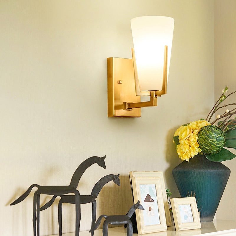 Rynx | 1-Light Cone-Shaped Wall Lamp Retro Brass Satin Glass Wall Lamp with Square Back Plate for the Bedroom