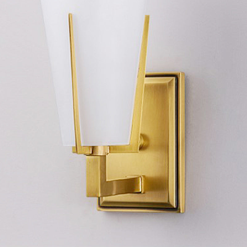 Rynx | 1-Light Cone-Shaped Wall Lamp Retro Brass Satin Glass Wall Lamp with Square Back Plate for the Bedroom
