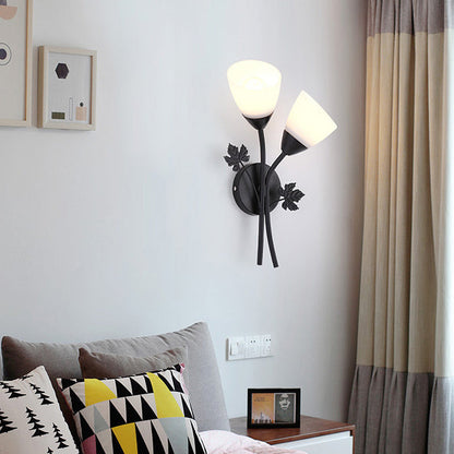 Rynx | Frosted Glass Bowl Sconce Contemporary 1/2-Light Hallway Wall Mounted Light with Leaf-Shaped Decoration in Black/Gold
