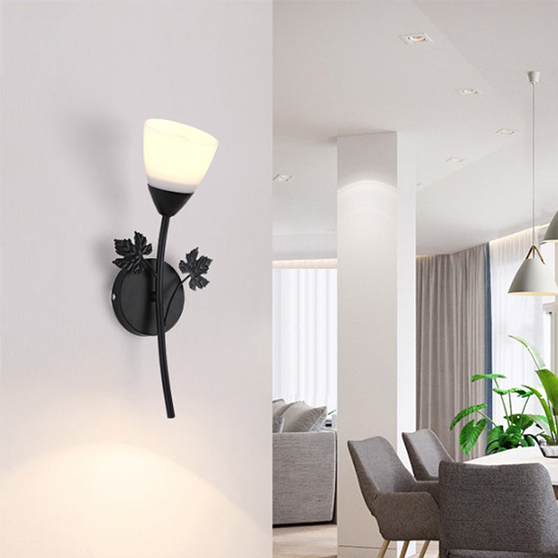 Rynx | Frosted Glass Bowl Sconce Contemporary 1/2-Light Hallway Wall Mounted Light with Leaf-Shaped Decoration in Black/Gold