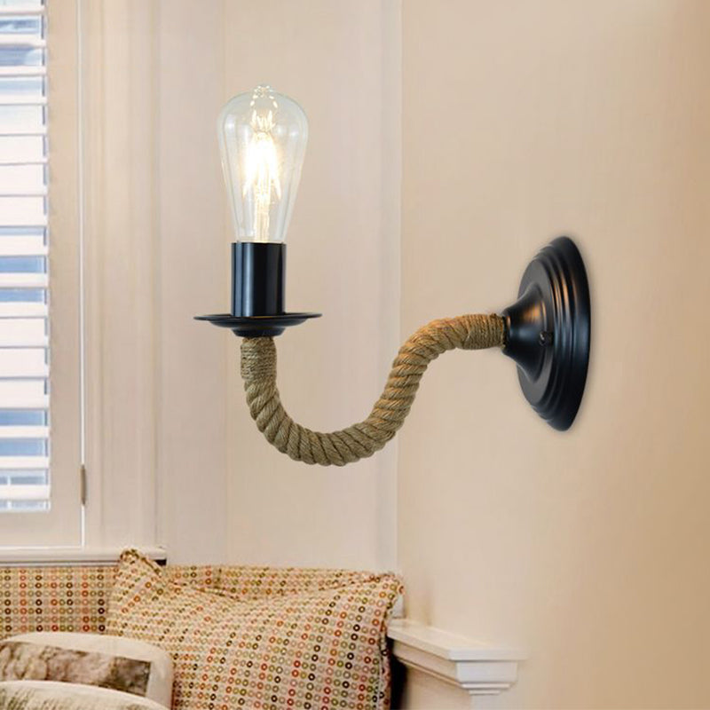 Rynx | Traditional Simple Pear Wall Lamp 1-Light Metal Wall Light with Rope Wrapped Arm in Black