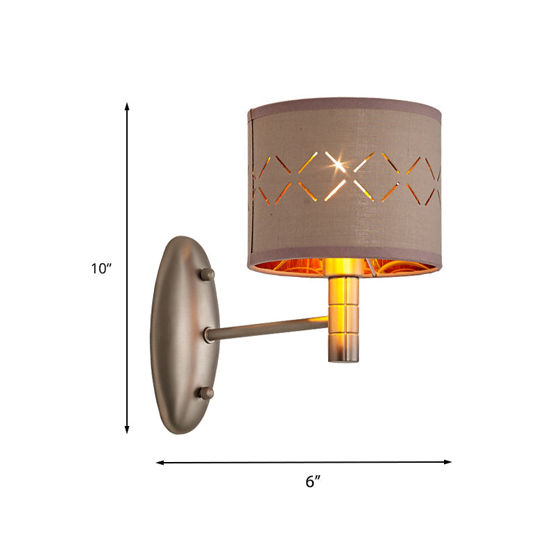 Rynx | Cylindrical Bedroom Wall Light Fixture Traditional Metal Single Bulb Light Coffee Wall Lamp with Fabric Shade