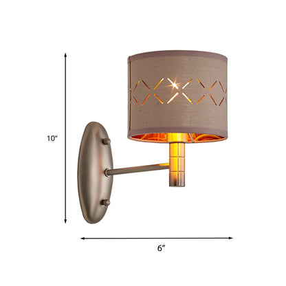 Rynx | Cylindrical Bedroom Wall Light Fixture Traditional Metal Single Bulb Light Coffee Wall Lamp with Fabric Shade