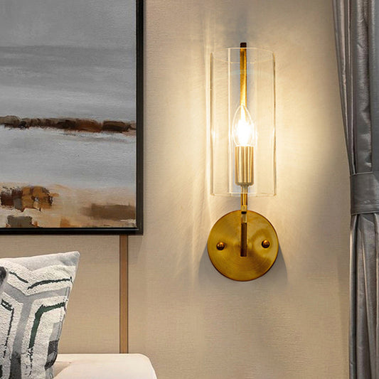 Rynx | 1/2 Light Bulbs Tube Wall Lamp Traditional Clear Glass Wall Lighting Fixture in Gold for Bedside