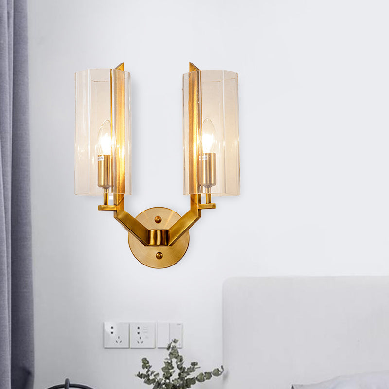 Rynx | 1/2 Light Bulbs Tube Wall Lamp Traditional Clear Glass Wall Lighting Fixture in Gold for Bedside