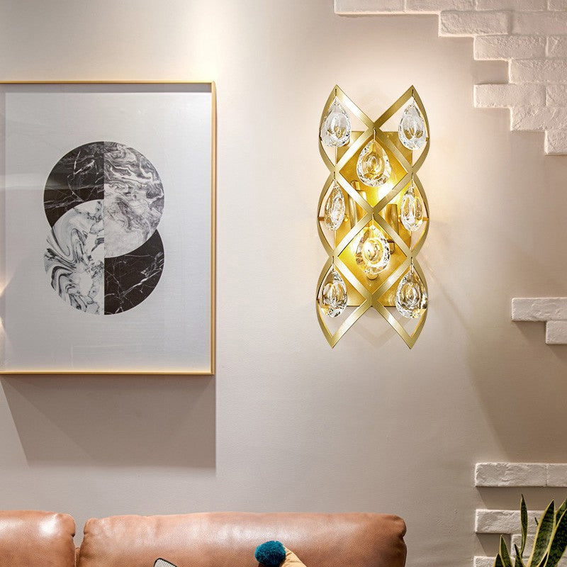 Rynx | Metal Spiral Wall Lamp Traditionary 2 Heads Gold Wall Lighting with Crystal Drop for Bedside