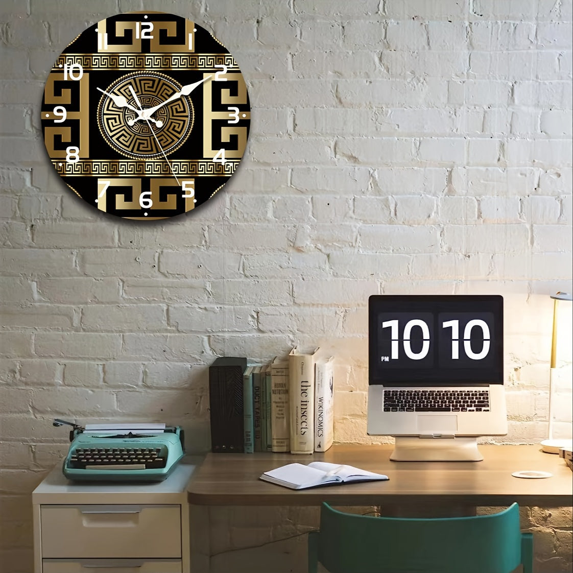 Rynx | Silent Non-Ticking Wooden Wall Clock - Greek Key Design, Quartz Mechanism