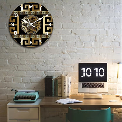 Rynx | Silent Non-Ticking Wooden Wall Clock - Greek Key Design, Quartz Mechanism