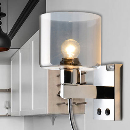 Rynx | Cylindrical gray glass wall lamp modernist 1 light chrome wall light with 1 switch/2 switches/no switch
