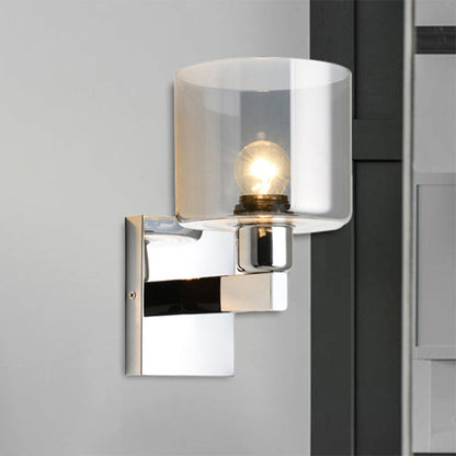 Rynx | Cylindrical gray glass wall lamp modernist 1 light chrome wall light with 1 switch/2 switches/no switch