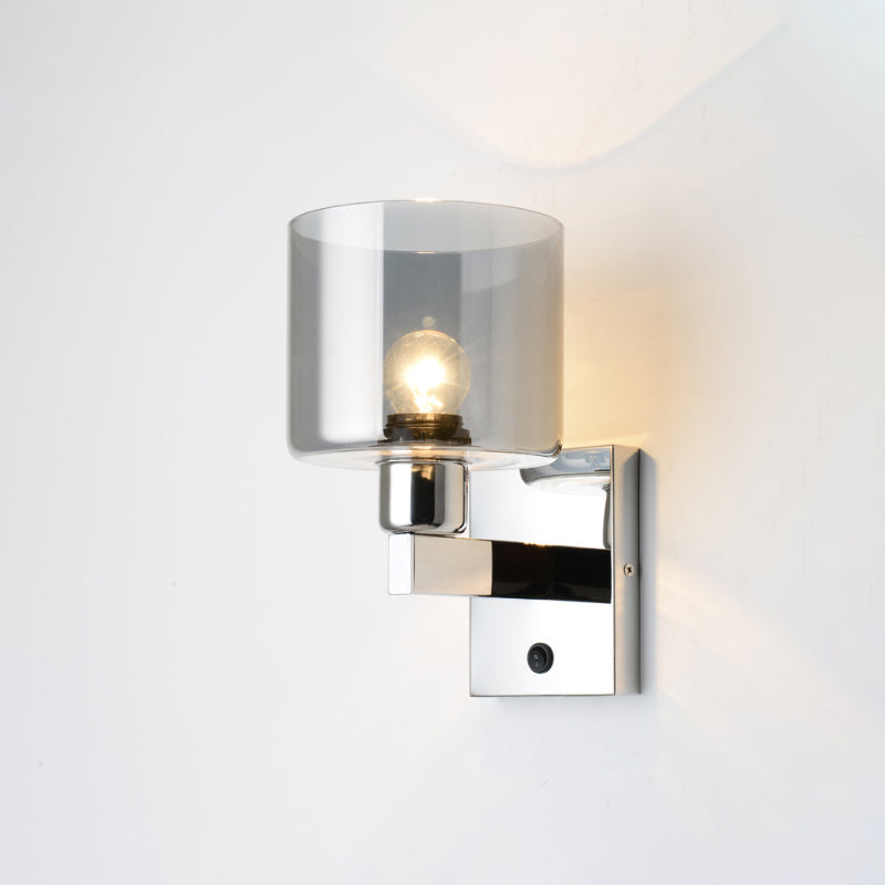 Rynx | Cylindrical gray glass wall lamp modernist 1 light chrome wall light with 1 switch/2 switches/no switch