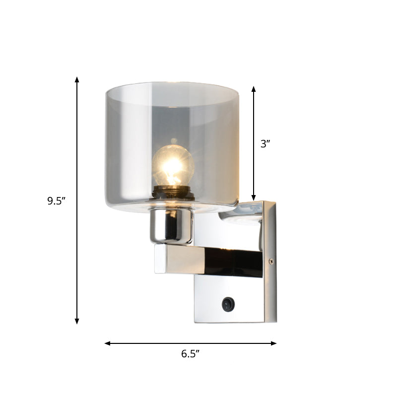 Rynx | Cylindrical gray glass wall lamp modernist 1 light chrome wall light with 1 switch/2 switches/no switch