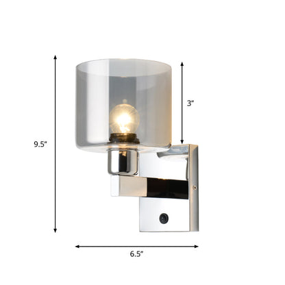 Rynx | Cylindrical gray glass wall lamp modernist 1 light chrome wall light with 1 switch/2 switches/no switch