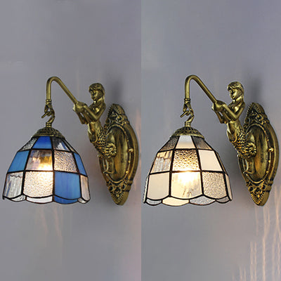 Rynx | Baroque Checkered Wall Lamp 1 Head White/Blue Glass Wall Mounted Lighting Fixture for Hall