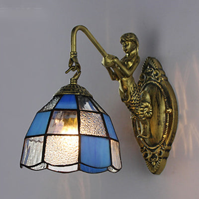 Rynx | Baroque Checkered Wall Lamp 1 Head White/Blue Glass Wall Mounted Lighting Fixture for Hall