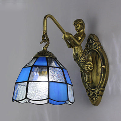 Rynx | Baroque Checkered Wall Lamp 1 Head White/Blue Glass Wall Mounted Lighting Fixture for Hall