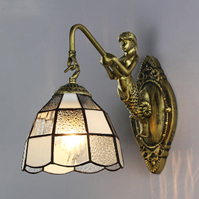 Rynx | Baroque Checkered Wall Lamp 1 Head White/Blue Glass Wall Mounted Lighting Fixture for Hall