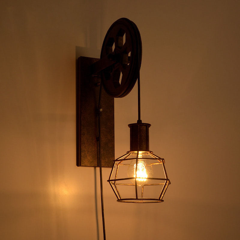 Rynx | Spherical Wire Cage Foyer Wall Lamp Rustic Iron 1-Light Bedroom Wall Mount Lamp with Pulley