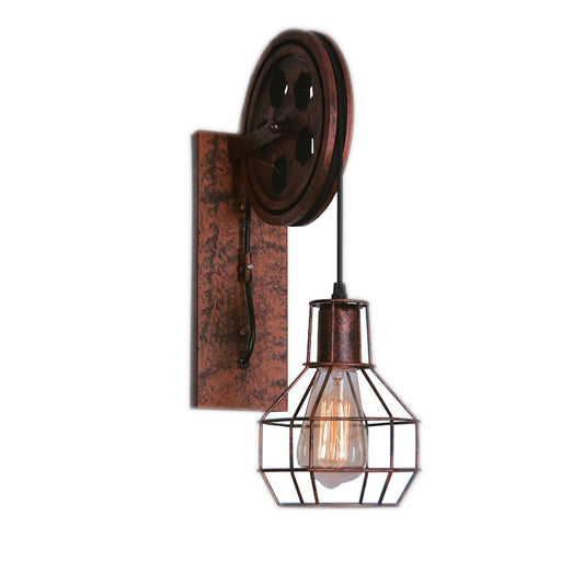 Rynx | Spherical Wire Cage Foyer Wall Lamp Rustic Iron 1-Light Bedroom Wall Mount Lamp with Pulley