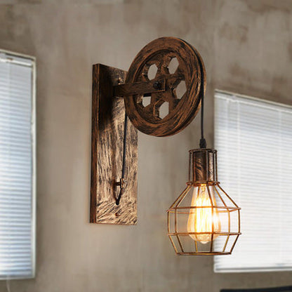 Rynx | Spherical Wire Cage Foyer Wall Lamp Rustic Iron 1-Light Bedroom Wall Mount Lamp with Pulley