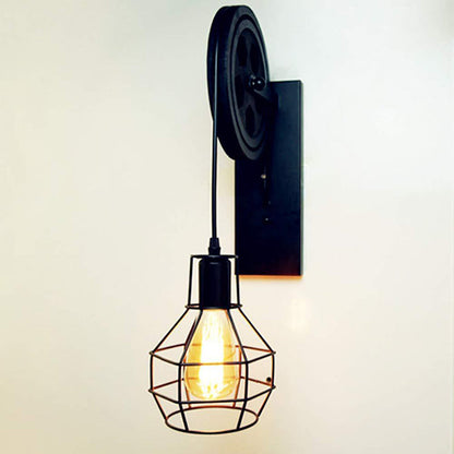 Rynx | Spherical Wire Cage Foyer Wall Lamp Rustic Iron 1-Light Bedroom Wall Mount Lamp with Pulley