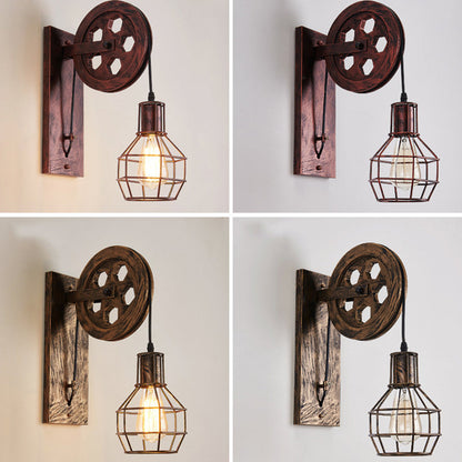 Rynx | Spherical Wire Cage Foyer Wall Lamp Rustic Iron 1-Light Bedroom Wall Mount Lamp with Pulley
