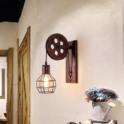 Rynx | Spherical Wire Cage Foyer Wall Lamp Rustic Iron 1-Light Bedroom Wall Mount Lamp with Pulley