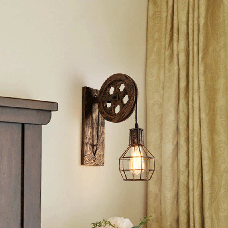 Rynx | Spherical Wire Cage Foyer Wall Lamp Rustic Iron 1-Light Bedroom Wall Mount Lamp with Pulley