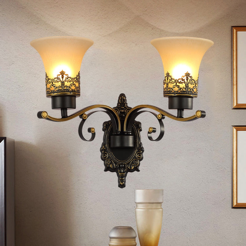 Rynx | Traditional Expandable Wall Lamp 1/2-Light Frosted Glass Shade Wall Lamp Light in Black for Living Room