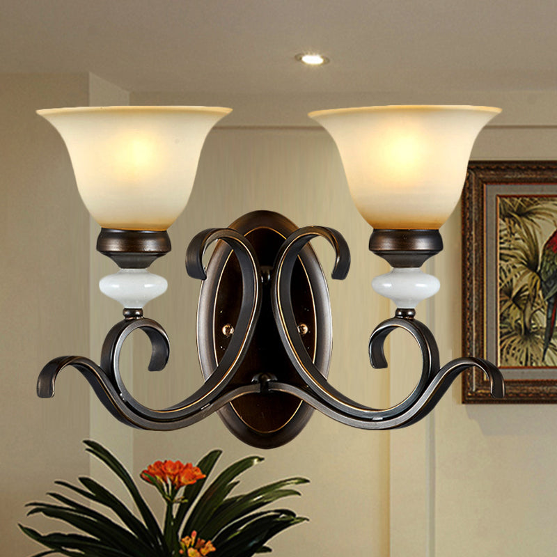 Rynx | 1/2-Light Bell Wall Lamp Antique Style Black Frosted Glass Wall Light with Curved Arm for Bedroom