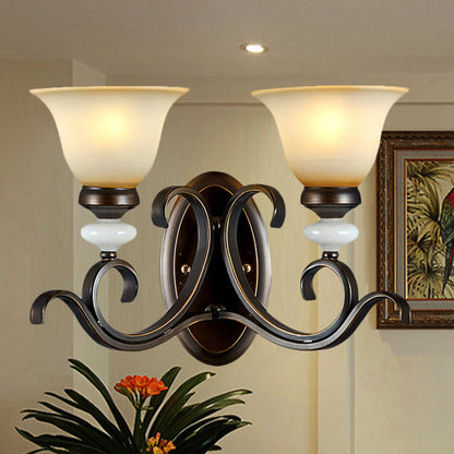 Rynx | 1/2-Light Bell Wall Lamp Antique Style Black Frosted Glass Wall Light with Curved Arm for Bedroom