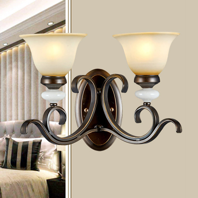 Rynx | 1/2-Light Bell Wall Lamp Antique Style Black Frosted Glass Wall Light with Curved Arm for Bedroom