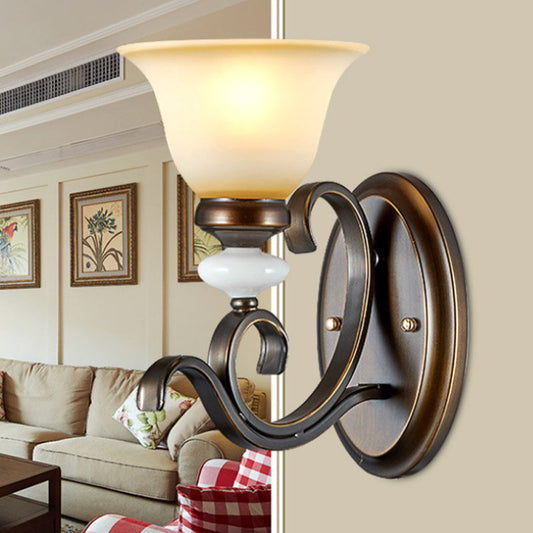 Rynx | 1/2-Light Bell Wall Lamp Antique Style Black Frosted Glass Wall Light with Curved Arm for Bedroom