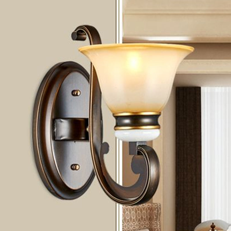 Rynx | 1/2-Light Bell Wall Lamp Antique Style Black Frosted Glass Wall Light with Curved Arm for Bedroom