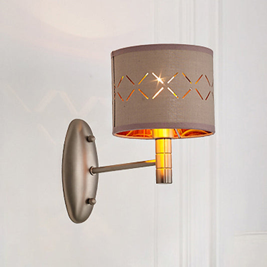 Rynx | Cylindrical Bedroom Wall Light Fixture Traditional Metal Single Bulb Light Coffee Wall Lamp with Fabric Shade