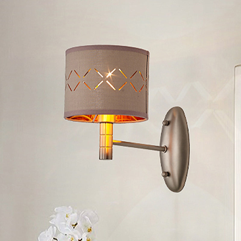 Rynx | Cylindrical Bedroom Wall Light Fixture Traditional Metal Single Bulb Light Coffee Wall Lamp with Fabric Shade
