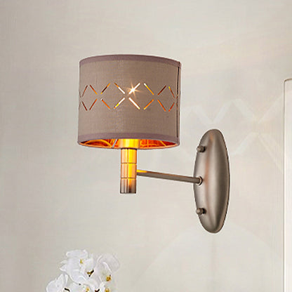 Rynx | Cylindrical Bedroom Wall Light Fixture Traditional Metal Single Bulb Light Coffee Wall Lamp with Fabric Shade