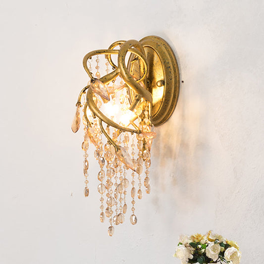 Rynx | Branching Wall-Mounted Lighting Vintage Metal 1 Bulb Brass Finish Wall Light with Amber Crystal Bead Accent