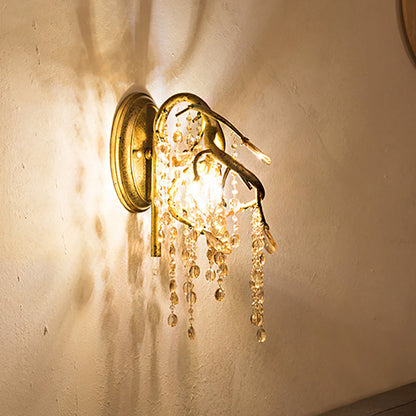 Rynx | Branching Wall-Mounted Lighting Vintage Metal 1 Bulb Brass Finish Wall Light with Amber Crystal Bead Accent