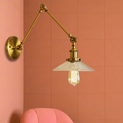 Rynx | Brass Cone Wall Lighting Country House Amber Glass 1 Light Living Room Wall Lamp Fixture