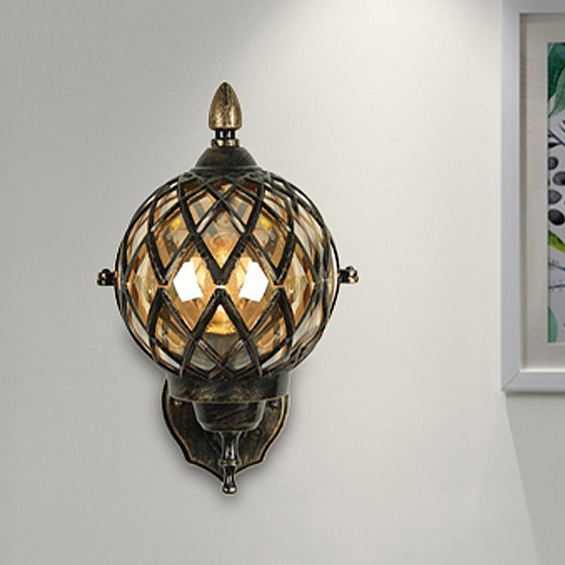 Rynx | 1 Light Amber Glass Wall Lamp Light Industrial Black Ball Dining Room Lighting Fixture with Cage