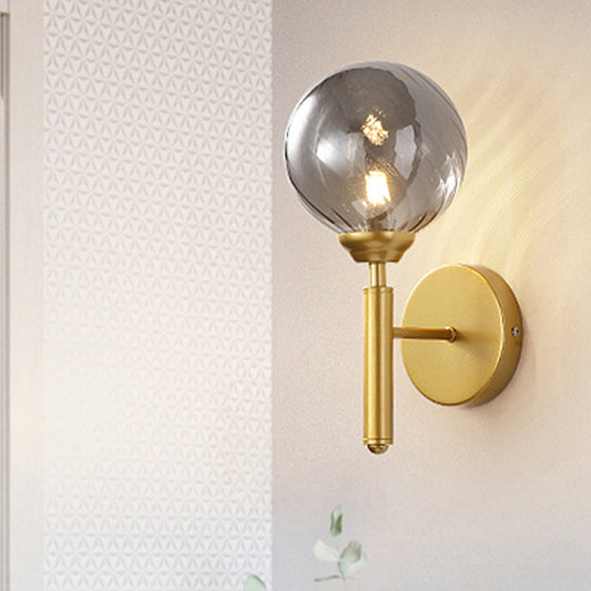 Rynx | 1 Bulb Globe Wall Mounted Light Fixture Modern Brass Smoked Textured Glass Lighting