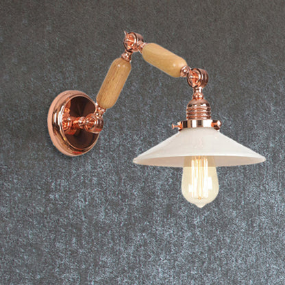 Rynx | White glass conical wall lamp industrial 1 light living room lighting fixture with retractable arm